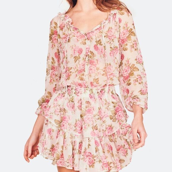 LoveShackFancy Popover Silk Dress Floral Print - Picture 1 of 6